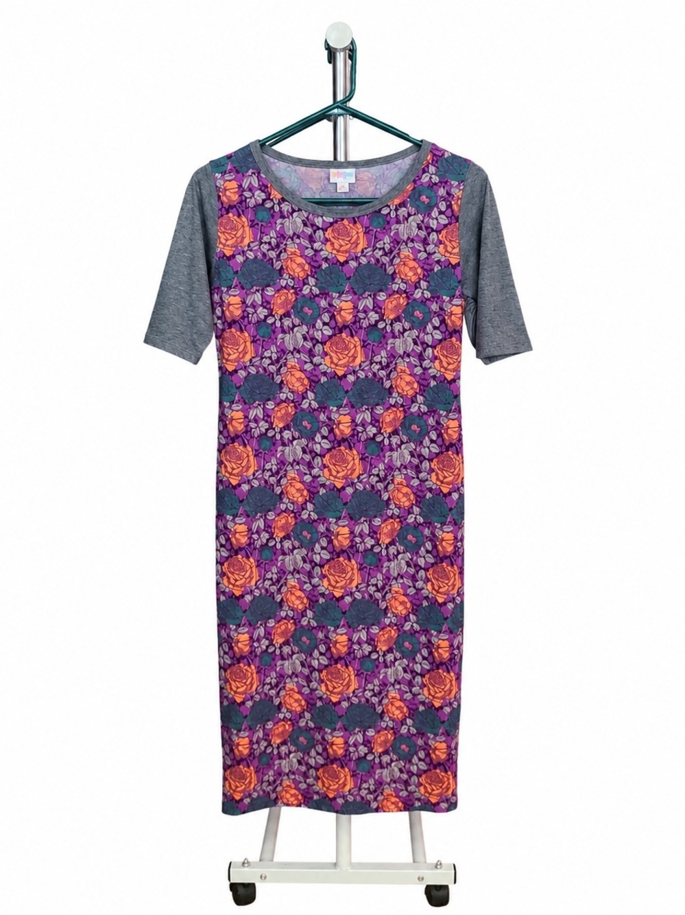 LuLaRoe Purple Floral Julia Dress with Orange Roses and Gray Sleeves